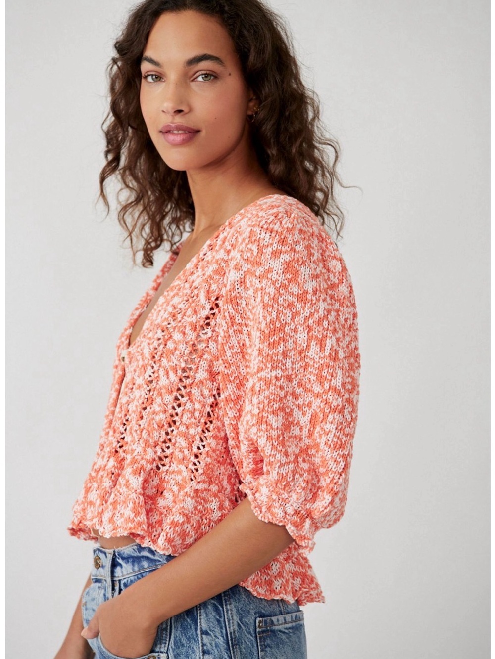 FREE PEOPLE 3/4 Length Sleeve Cardigan Sweater orange/cream-XS - Picture 4 of 13